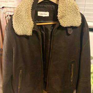 Calvin Klein Men's Dark Brown Bomber Jacket with Shearling Collar Faux Leather